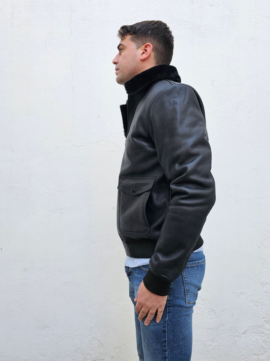 BRIAN - Men leather jacket black fake fur inside