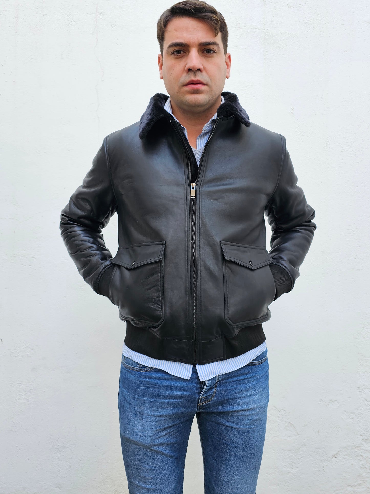 BRIAN - Men leather jacket black fake fur inside